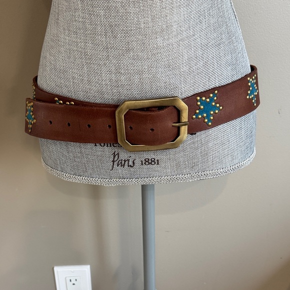 Free People brown Belt with Brass Buckle & studs and Blue Star Accents Size M/L - Picture 8 of 10